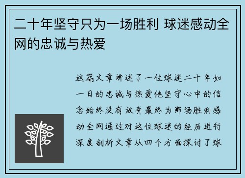 二十年坚守只为一场胜利 球迷感动全网的忠诚与热爱