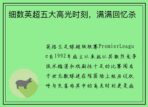细数英超五大高光时刻，满满回忆杀