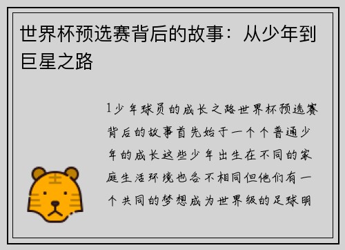 世界杯预选赛背后的故事：从少年到巨星之路